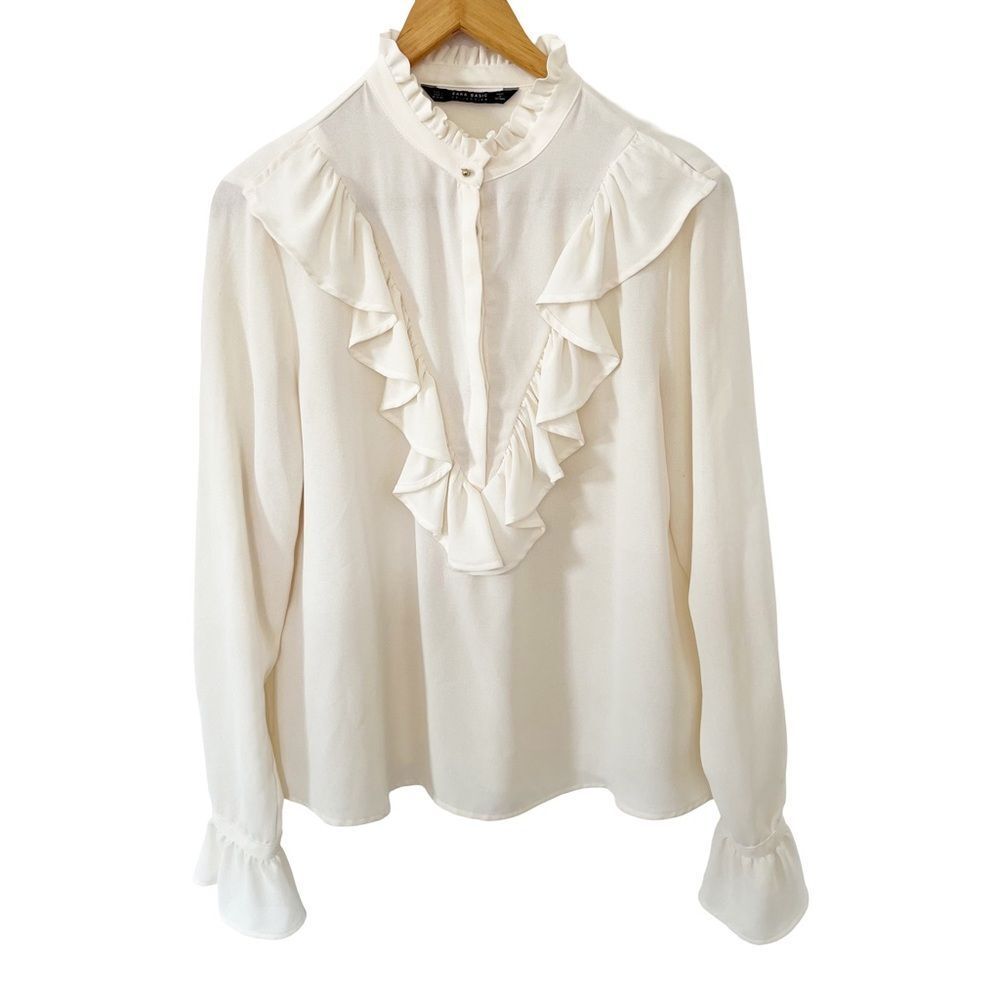 Zara Cream Ruffled Neck Button Down Blouse